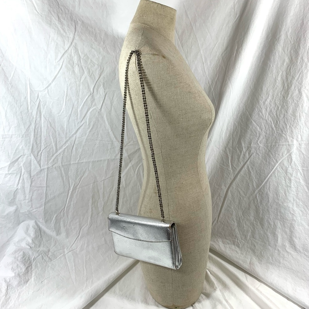 Genuine MORRIS MOSKOWITZ metallic silver kidskin shoulder bag with rhinestones